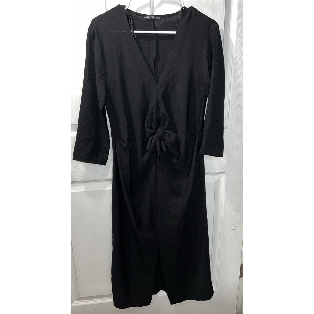 Zara Twist Front Midi Dress Womens Size Med Black Vneck Long Sleeves Pullover